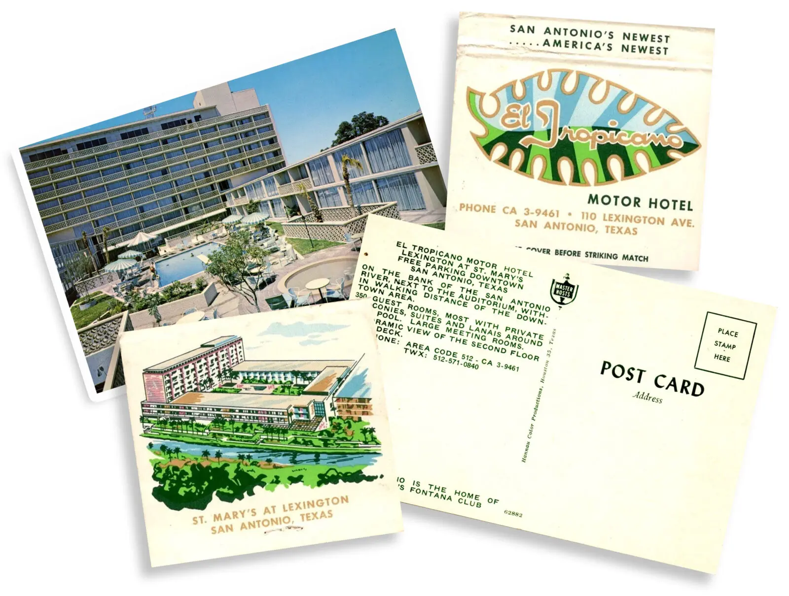 A vintage postcard and matchbox from the San Antonio hotel El Tropicano.
