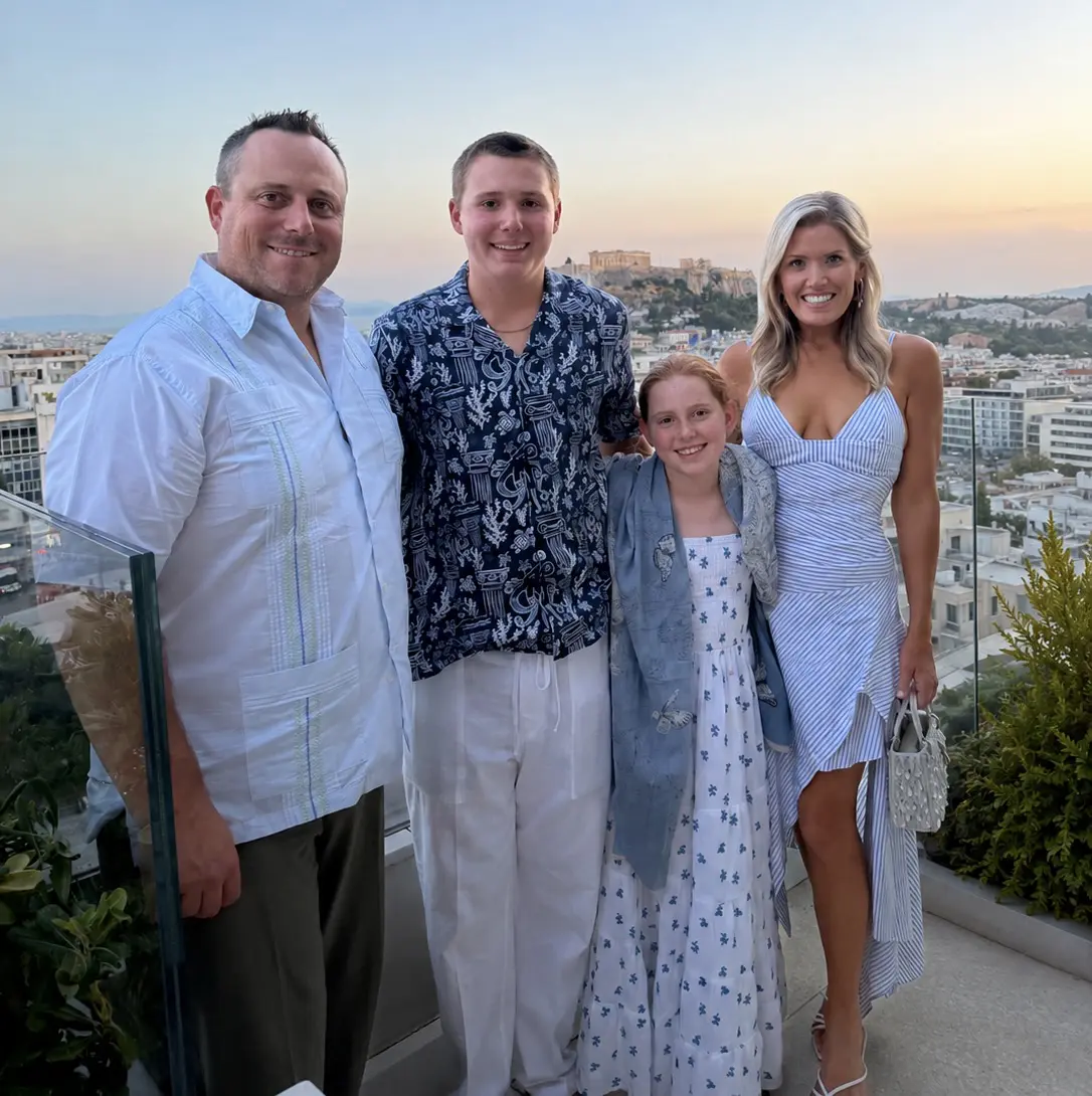 Terry & Amanda Boffone in 2026 on holiday in Greece with their children Terry IV and Samantha. 