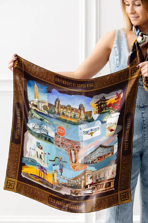 The custom Wild Silks scarf presented to Princess Takamado highlights Fort Worth's cultural districts. (Photograph by Brooks Burris for Visit Fort Worth)