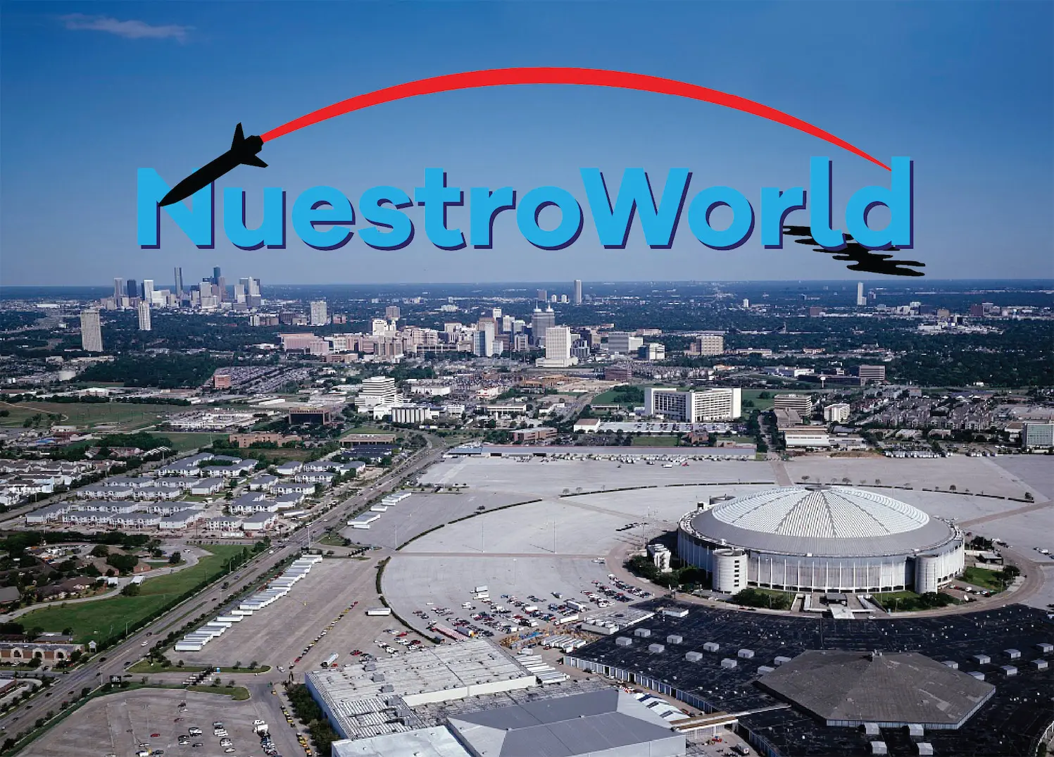 Jesus Benavente, “NuestroWorld” at DiverseWorks. (Photo by Carol M. Highsmith, circa 1980. NuestroWorld logo by Jesus Benavente.)