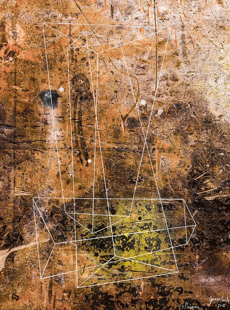 A work on paper, James Surls, "3 Prisms," 2018, at Passage Arts, Dallas. The artist's exhibition, "From the Old Growth," will be comprised of 18 drawings and 25 sculptures encompassing a half-century of artmaking. 