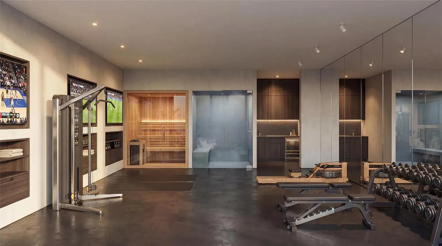 Indulge in an at-home gym and sauna at 47 Hallbrook Way in The Woodlands.