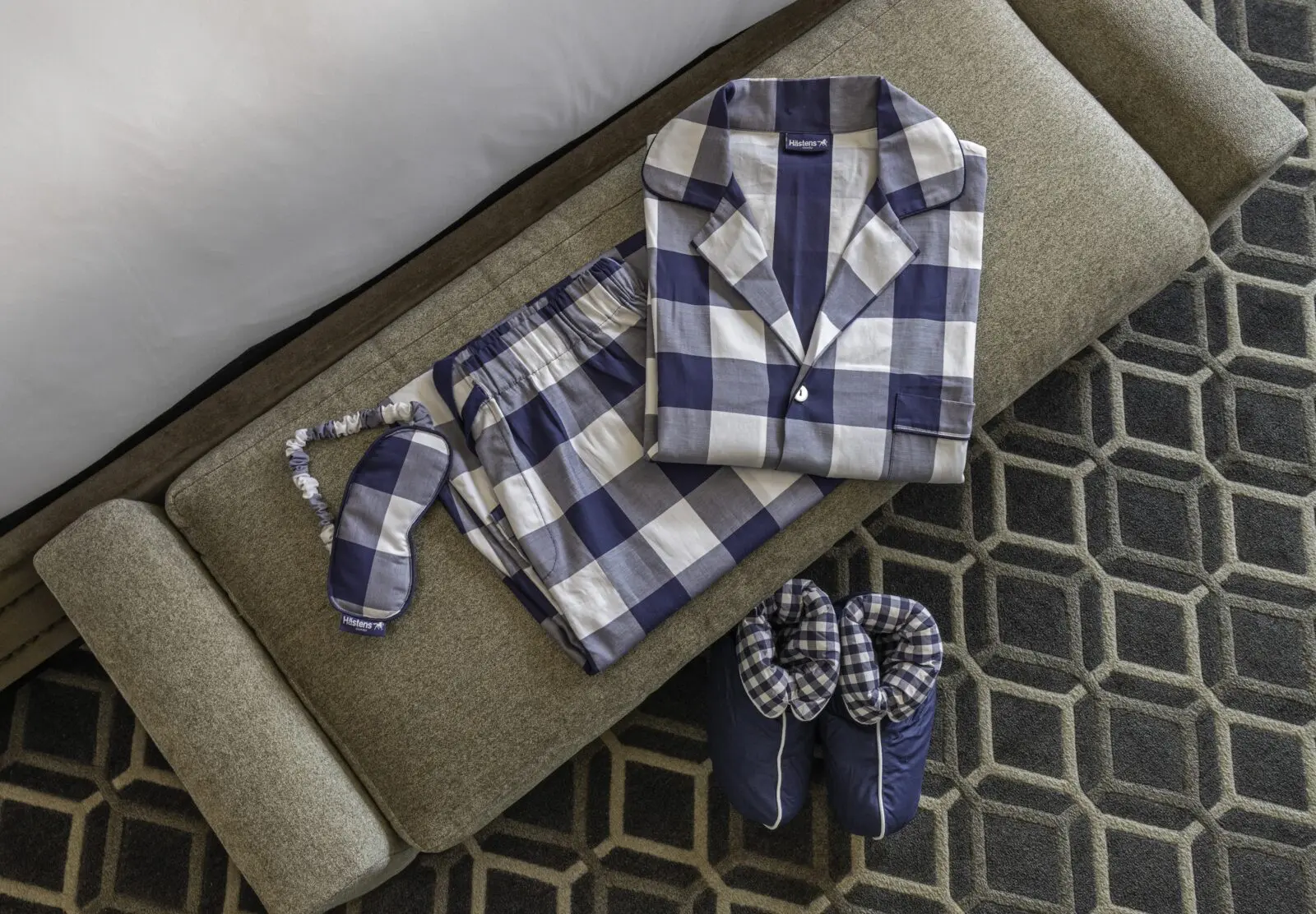 Hästens accessories come in the brand's signature blue and white checked pattern.