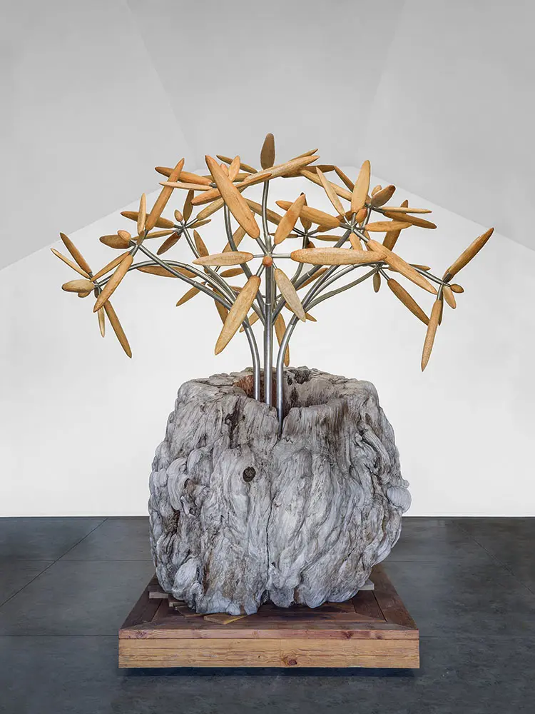 James Surls, "From the Old Growth," 2022, at Passage Arts, Dallas. "Complex logistics complex logistics — cranes and Penske trucks — were involved to ship and install a 16,000-pound redwood burl sculpture," says co-curator Susie Kalil of the artist's titular sculpture that opens North Texas' new arts nonprofit.