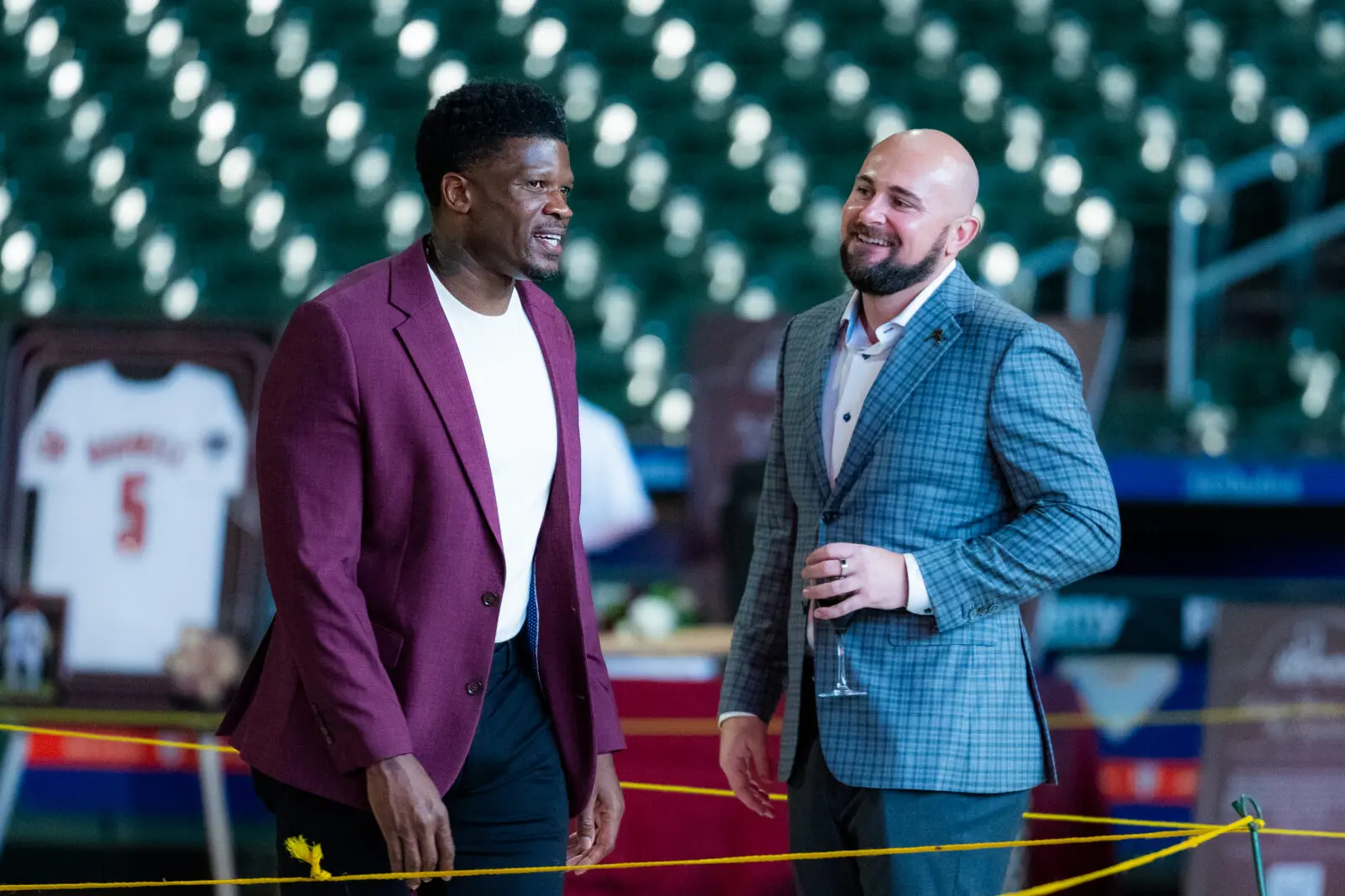 Houston Texans Hall of Fame wide receiver Andre Johnson, Kyle McLaughlin (Photo courtesy of Houston Astros)