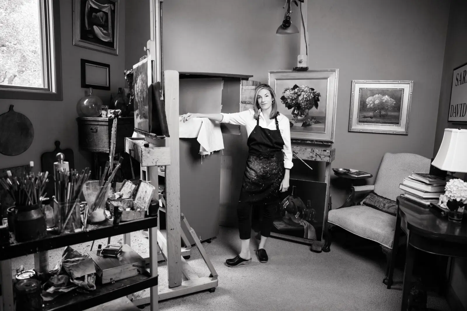 Sarah Lamb with work in progress. The couple relocated to Houston in 2014 after her acclaimed exhibitions at late Houston gallerist Meredith Long & Company. (Photo by Jenny Antill Clifton)