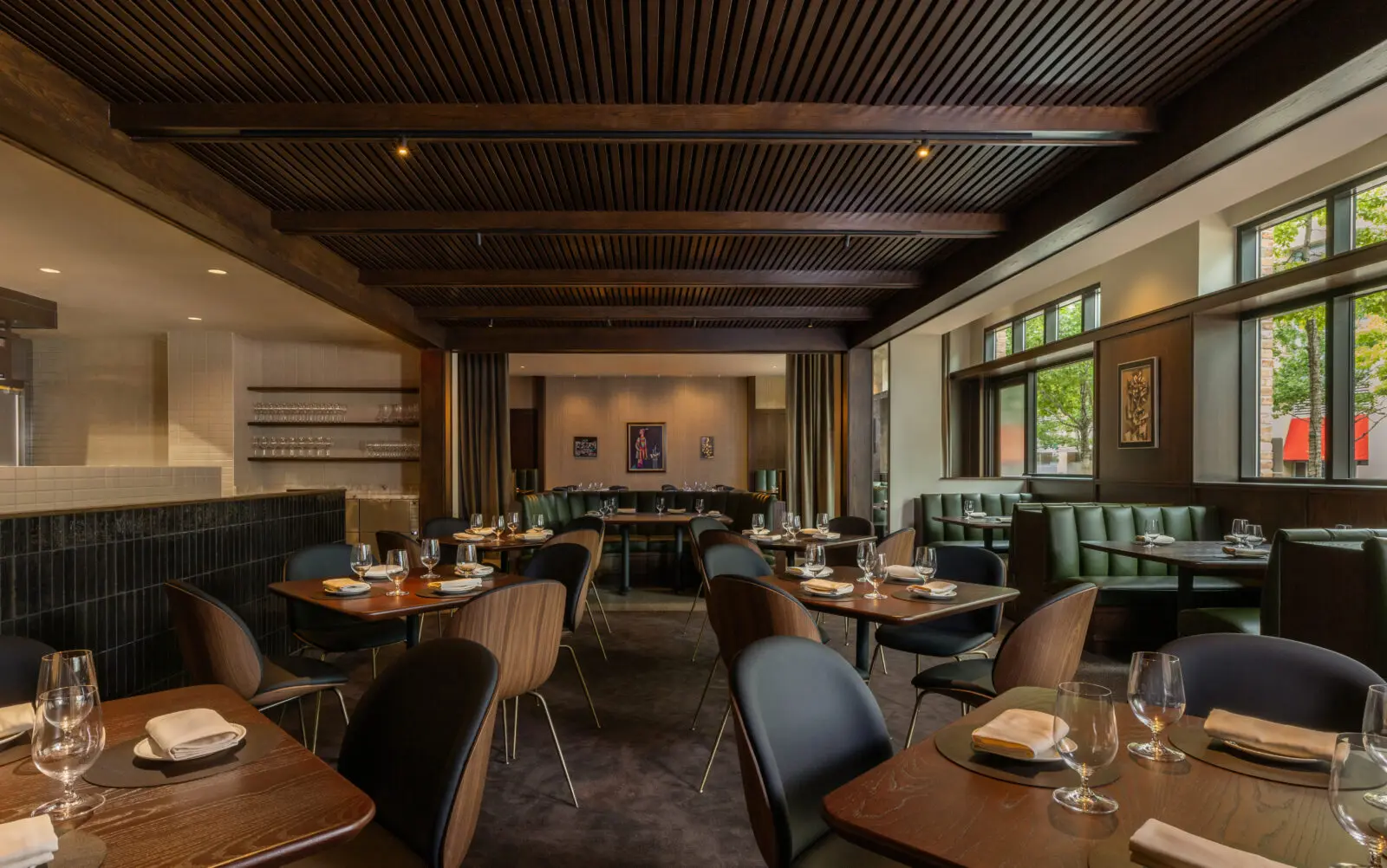 The main dining room at Bar Bludorn Woodlands has seating area that can be sectioned off with velvet drapes for private events for 50-60 people. (Photo by Claudia Casbarian)