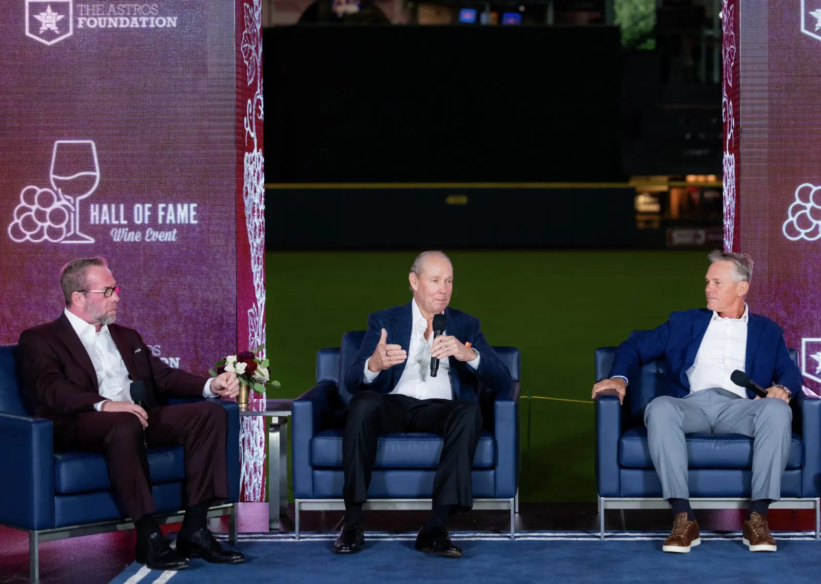 Jeff Bagwell, Jim Crane and Craig  Biggio engage in a fireside-like chat on stage at the Houston Astros Hall of Fame Wine Dinner (Photo courtesy of Houston Astros)  