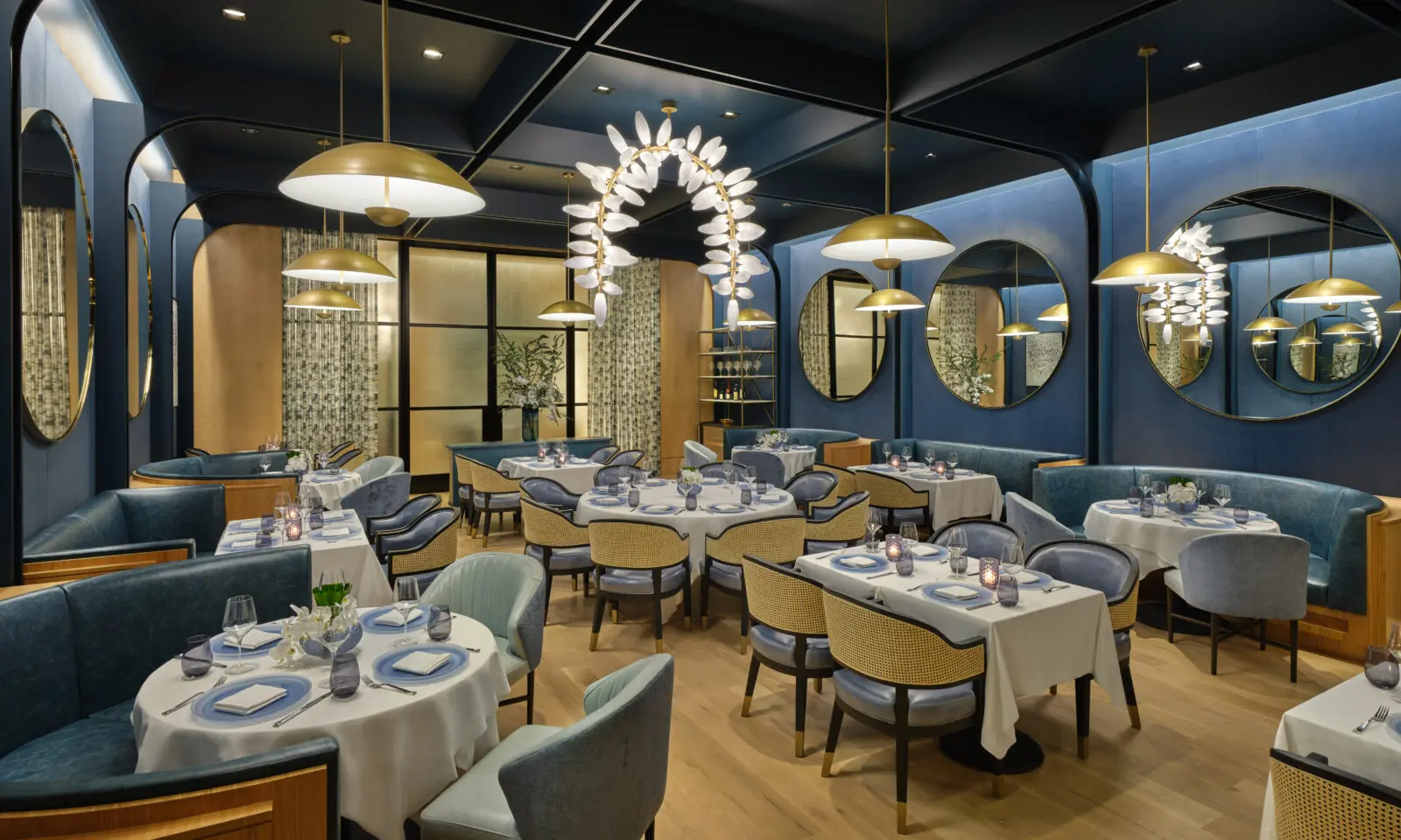 Emilia’s striking Blue Room at The Crescent Hotel Fort Worth will host a four-course Clase Azul pairing dinner on September 23. (Photography by Jason Dewey)