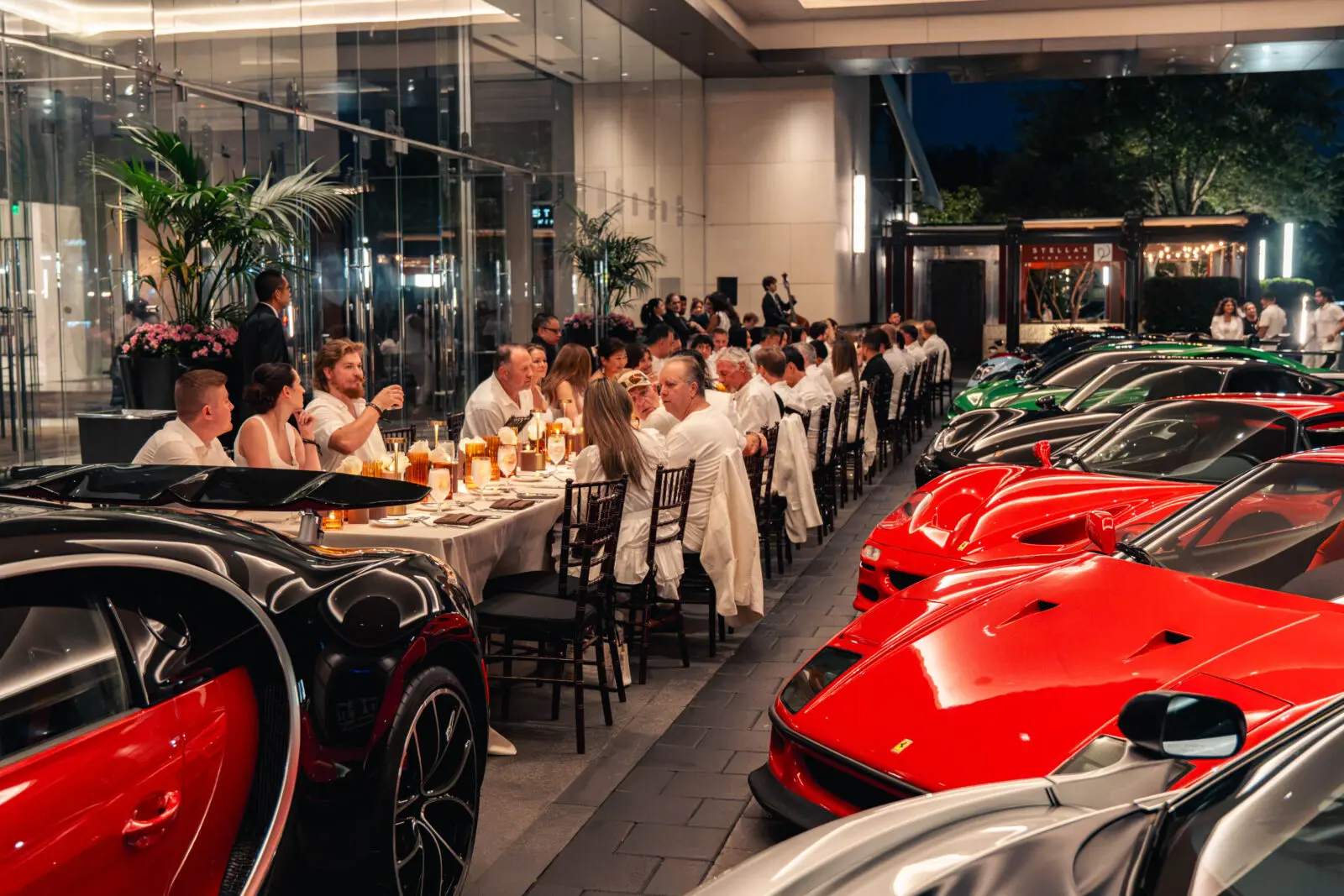 Thirty exotic cars lined the porte cochère of the Post Oak Hotel ballroom for a remarkable dinner evening for like-minded car collectors. (Photo by The Exchange Network)