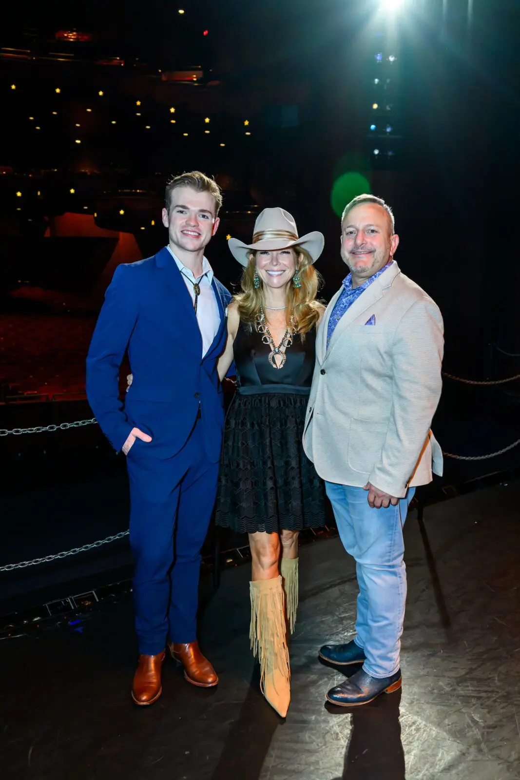 Houston Ballet demi soloist Jack Wolff, Margaret Cox, Chad Libertus at Houston Ballet's opening night dinner on stage at Wortham Theater Center  (Photo by Michelle Watson, CatchlightGroup.com)