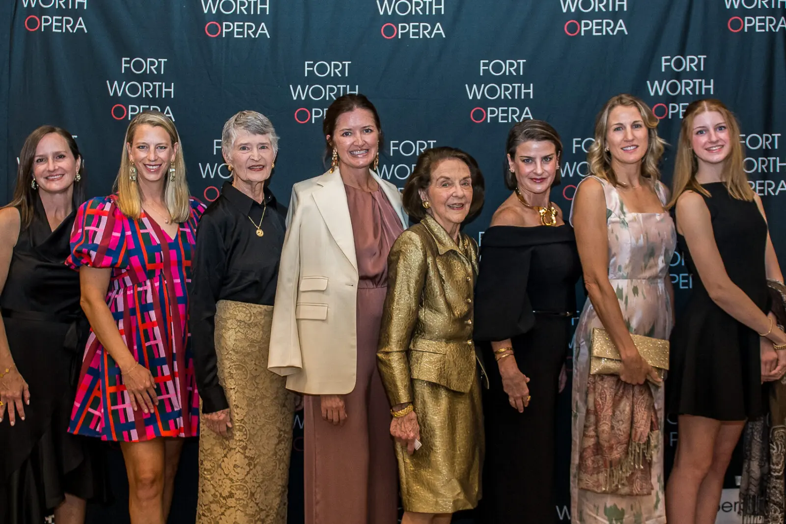 Adele Reeder Hollander, Drew Brigati, Catherine Kethley, Jen Appleman, Louise Appleman, Nikki Slobodin, Emily Paslay, and Henley Paslay. (Photo by Fort Worth Opera )
