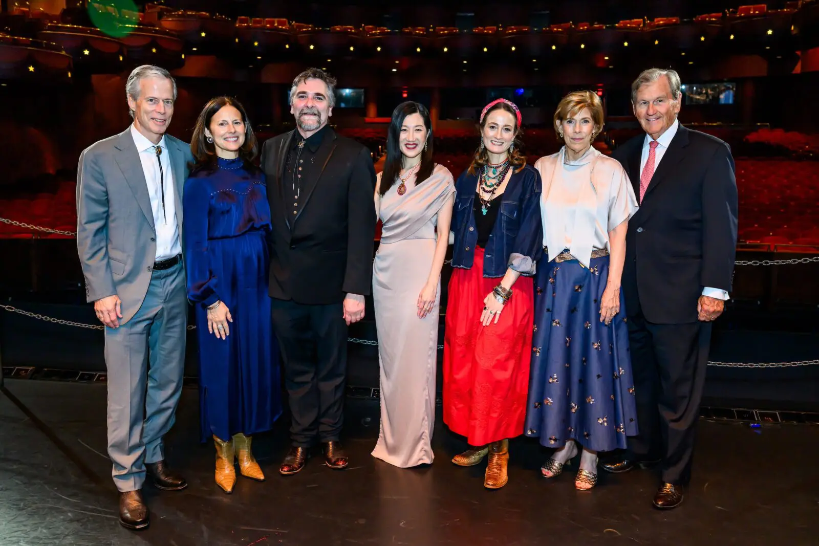 Richard & Kris McGee, Stanton Welch, Sonja Kostich, Julie Kent, Carroll & Hugh Ray at Houston Ballet's opening night dinner on stage at Wortham Theater Center  (Photo by Michelle Watson, CatchlightGroup.com)