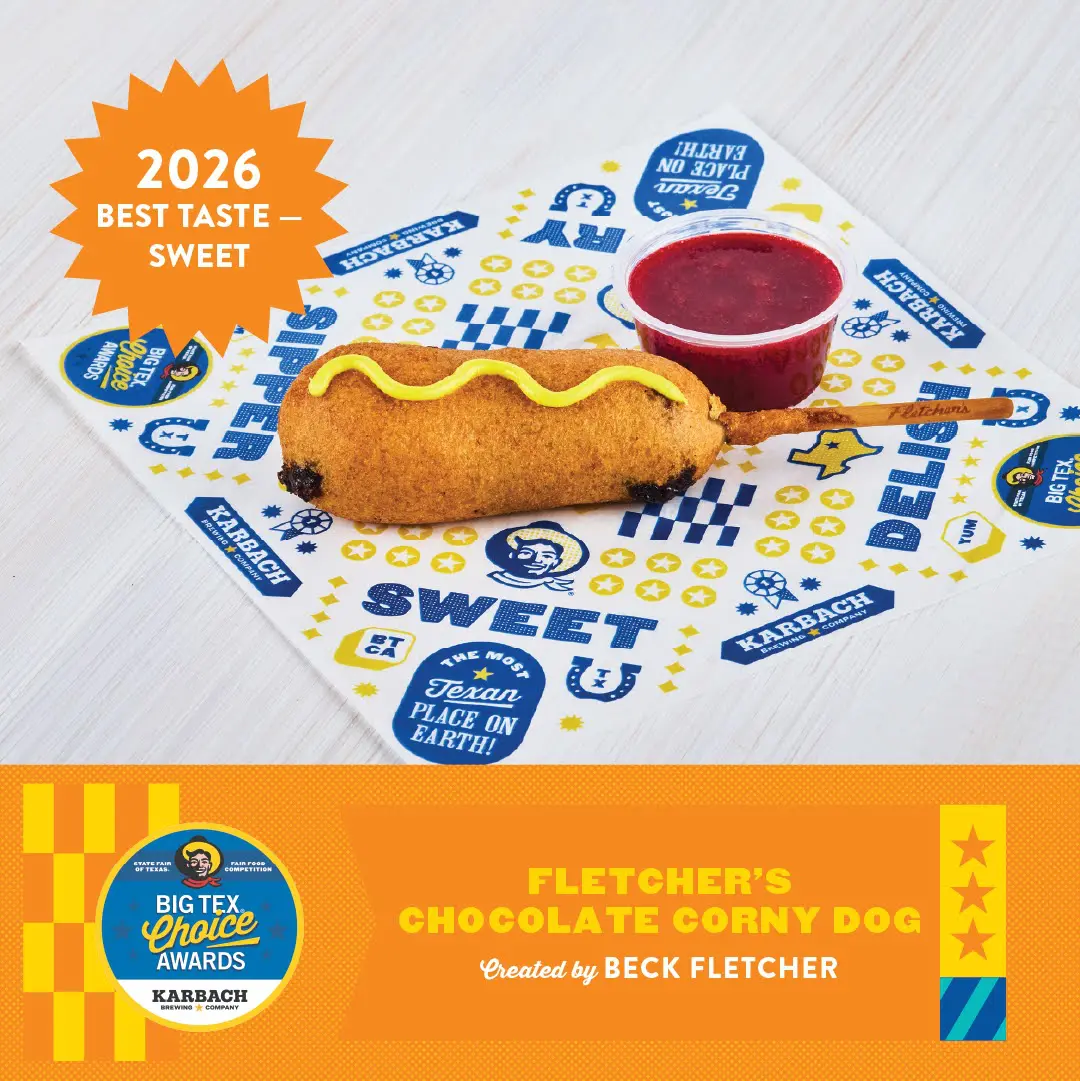 Beck Fletcher won the 2026 Big Tex Choice Award for Best Taste – Sweet for Fletcher’s Chocolate Corny Dog. (Courtesy)