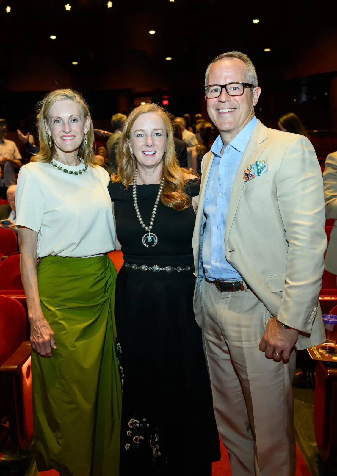 Stephanie Tsuru, Allison & Troy Thacker at Houston Ballet's opening night dinner on stage at Wortham Theater Center  (Photo by Michelle Watson, CatchlightGroup.com)