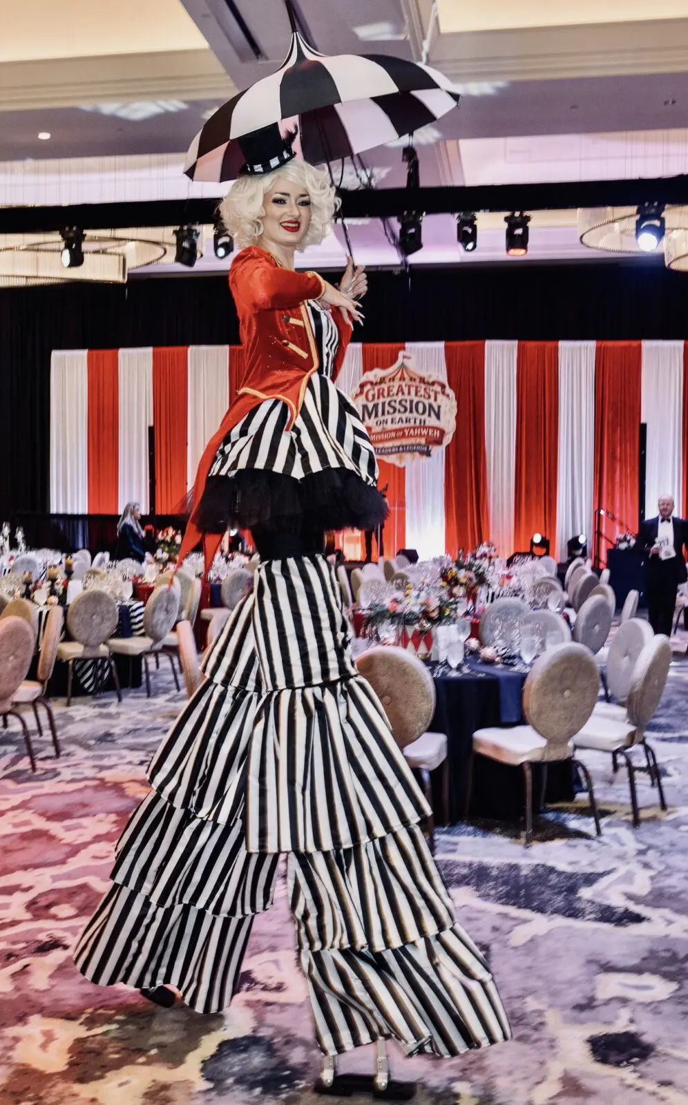 Stilt walker at the Mission of Yahweh gala (Photo by Jacob Power)