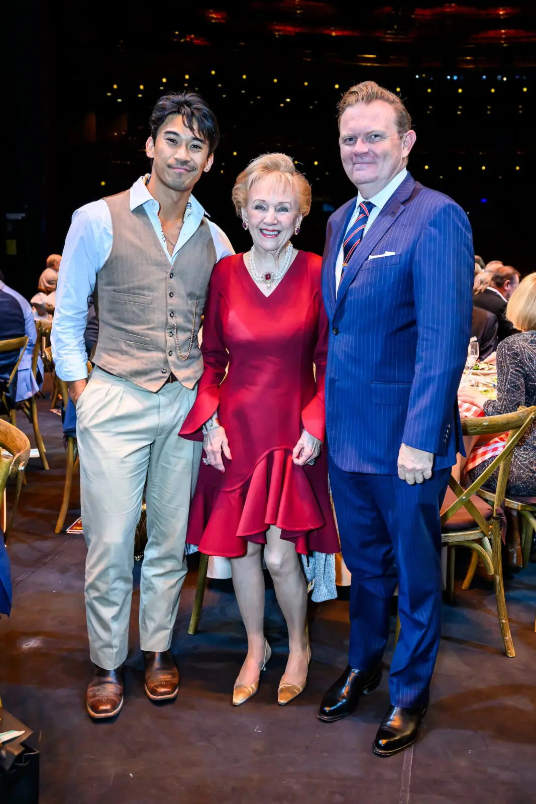 Syvert Lorenz Garcia, Marguerite Swartz, Simon Thew at Houston Ballet's opening night dinner on stage at Wortham Theater Center  (Photo by Michelle Watson, CatchlightGroup.com)