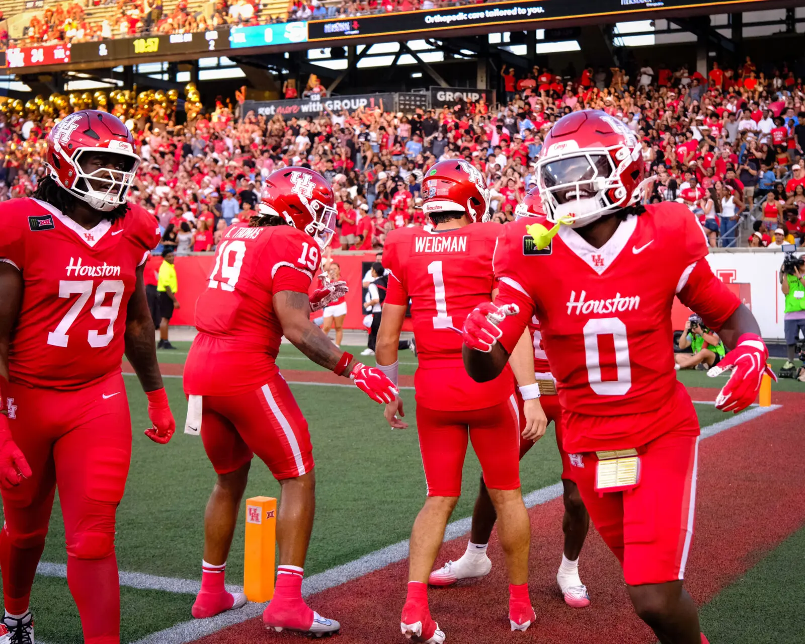University of Houston's offense with Conner Weigman and Amare Thomas (No. Zero) is humming. (Photo by F. Carter Smith)
