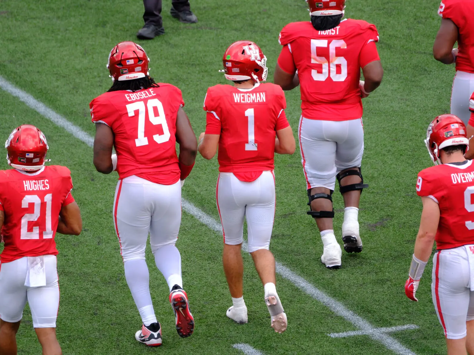 University of Houston offensive lineman Alvin Ebosele (No. 79) and Shadre Hurst (No. 56) are determined to protect quarterback Conner Weigman. (Photo by F. Carter Smith)