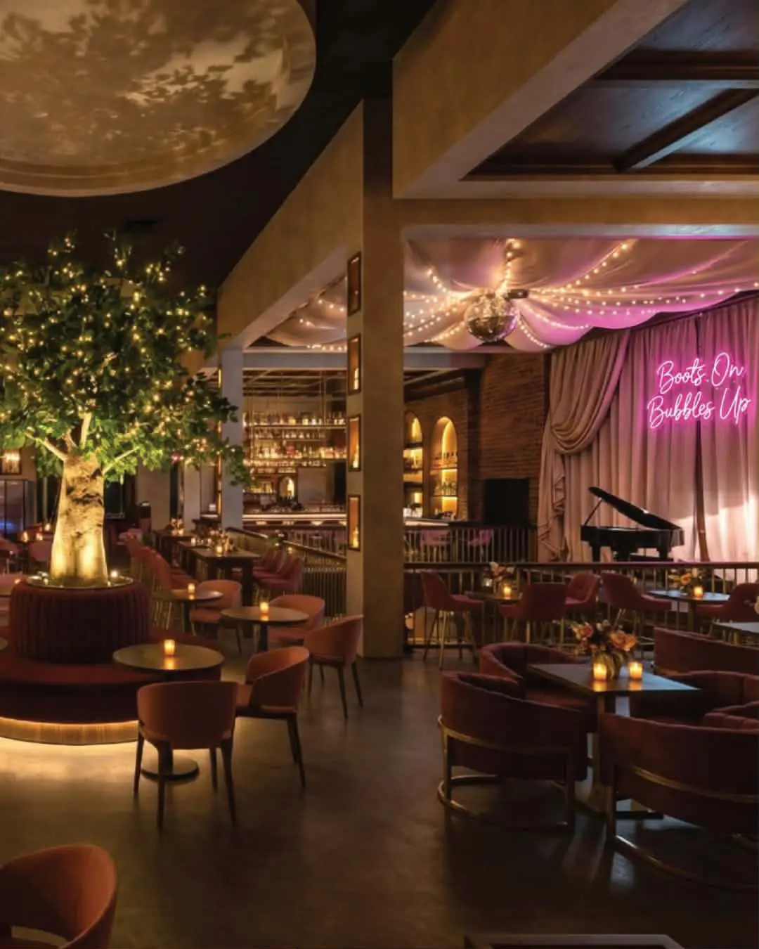Boots and Bubbles’ Western glam interior will center around a 22-seat bar with lounge areas, a dance floor, and stage. (Photography by Boots and Bubbles)