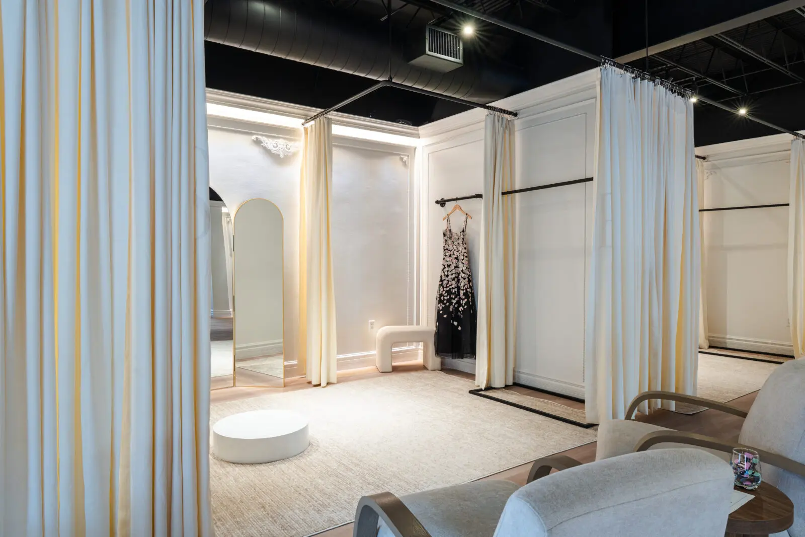Elegant and spacious dressing rooms nod to the design oeuvre of Sachin Babi in their new showroom in Houston  (Photo by Michael Anthony)