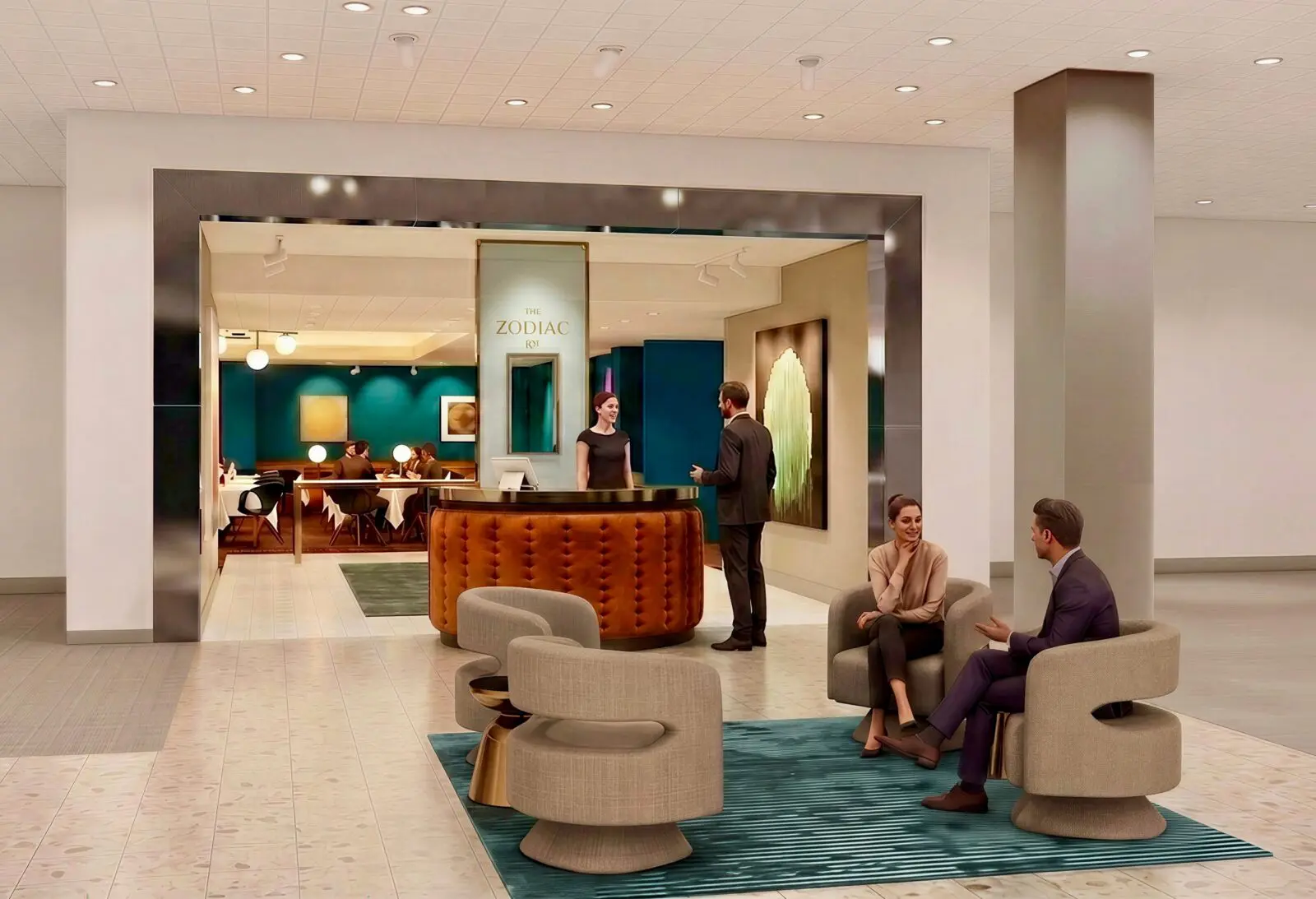 The Zodiac Room will showcase key design elements from the flagship's restaurant, including the turquoise walls, plush banquettes, and striking art. (Renderings credit: Neiman Marcus and Arcadis Inc.)