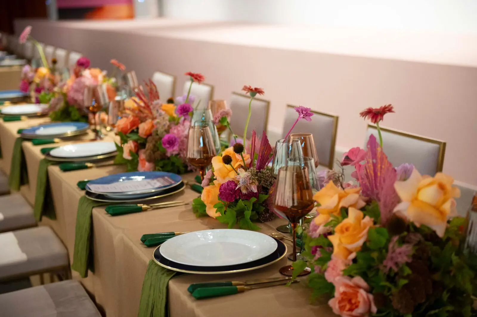 Missoni supplied the plates for the evening's posh tablescape, which was brought to life with sensational florals (some even gold-flecked!) by Concepto. (Photo by Tamytha Cameron Photography)