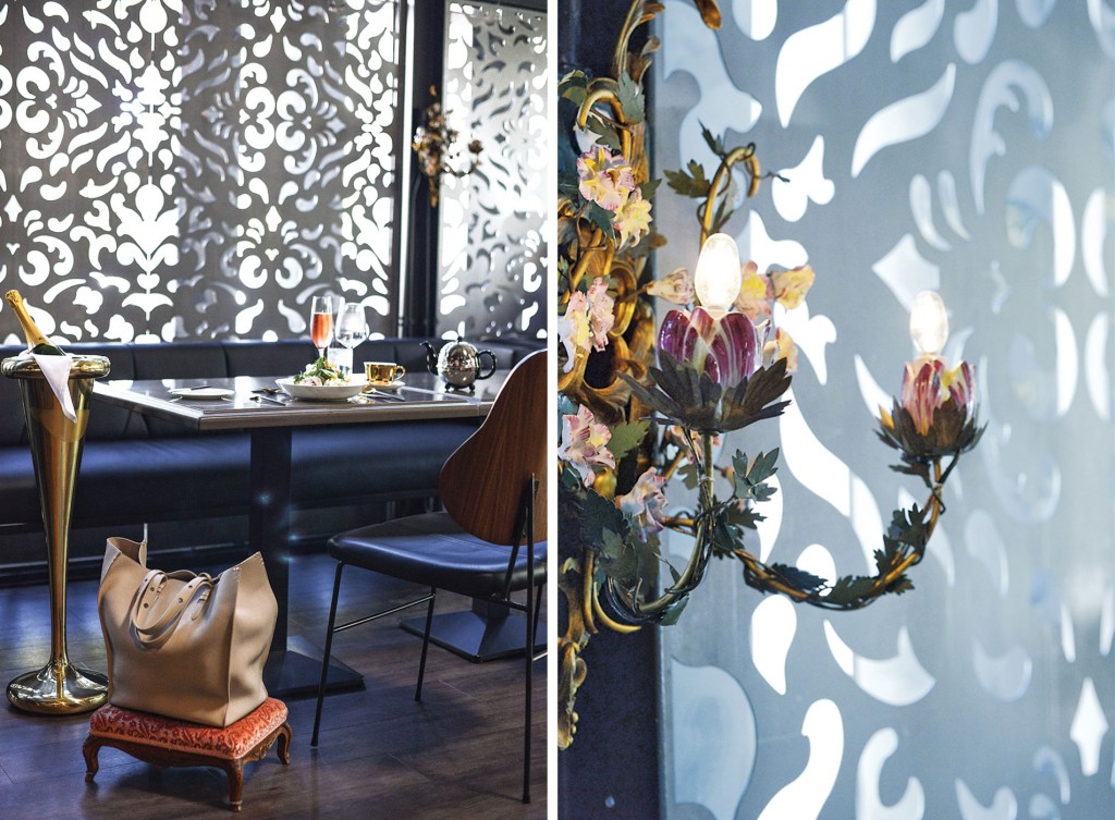 Screen in the restaurant
made from laser-cut steel. Champagne bucket by Tom Dixon; Antique French sconce
in the restaurant.