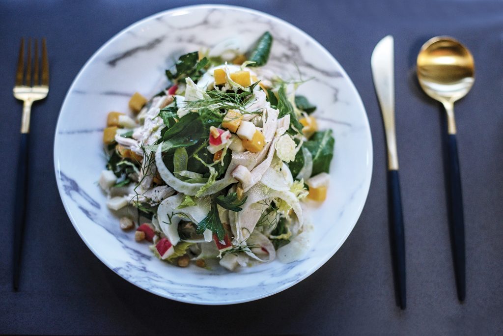 Go-to chopped salad (chicken salad, autumn vegetables,
egg, marcona almonds and baby kale).