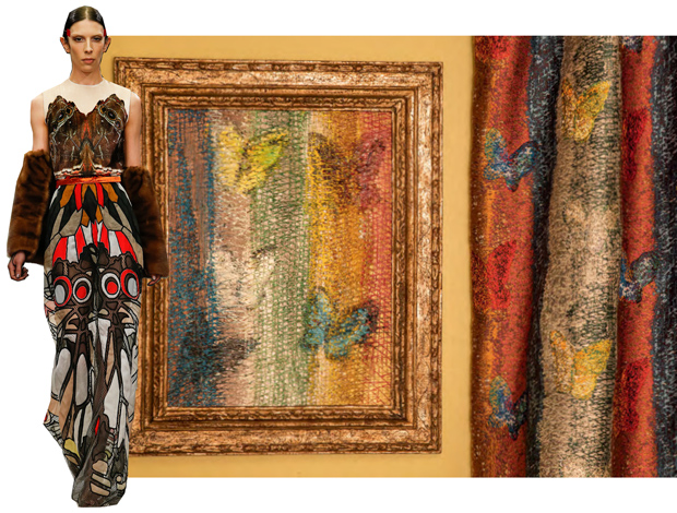 A look from Givenchy's fall show and Hunt Slonem's Frittilery fabric - inspired by his art. Available to the trade at LeeJofa.com and the Kravet showrooms in Houston and Dallas.