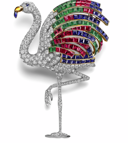 Flamingo brooch in platinum set with diamonds, emeralds, rubies, sapphires and citrine, worn by the Duchess of Windsor. Cartier Paris, special order, 1940. Photo Vincent Wulveryck, Cartier Collection © Cartier. 