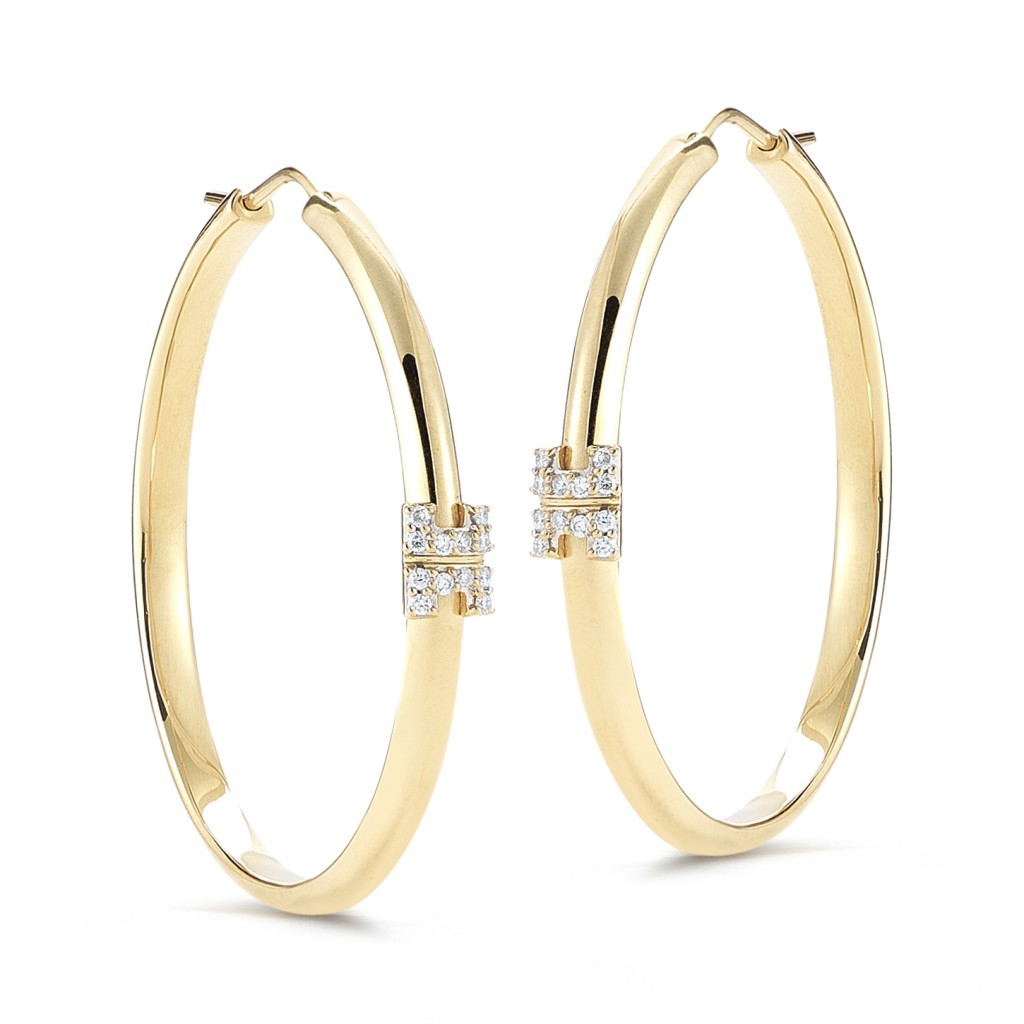 Metropolis Sol diamond hoops with IT motifs.