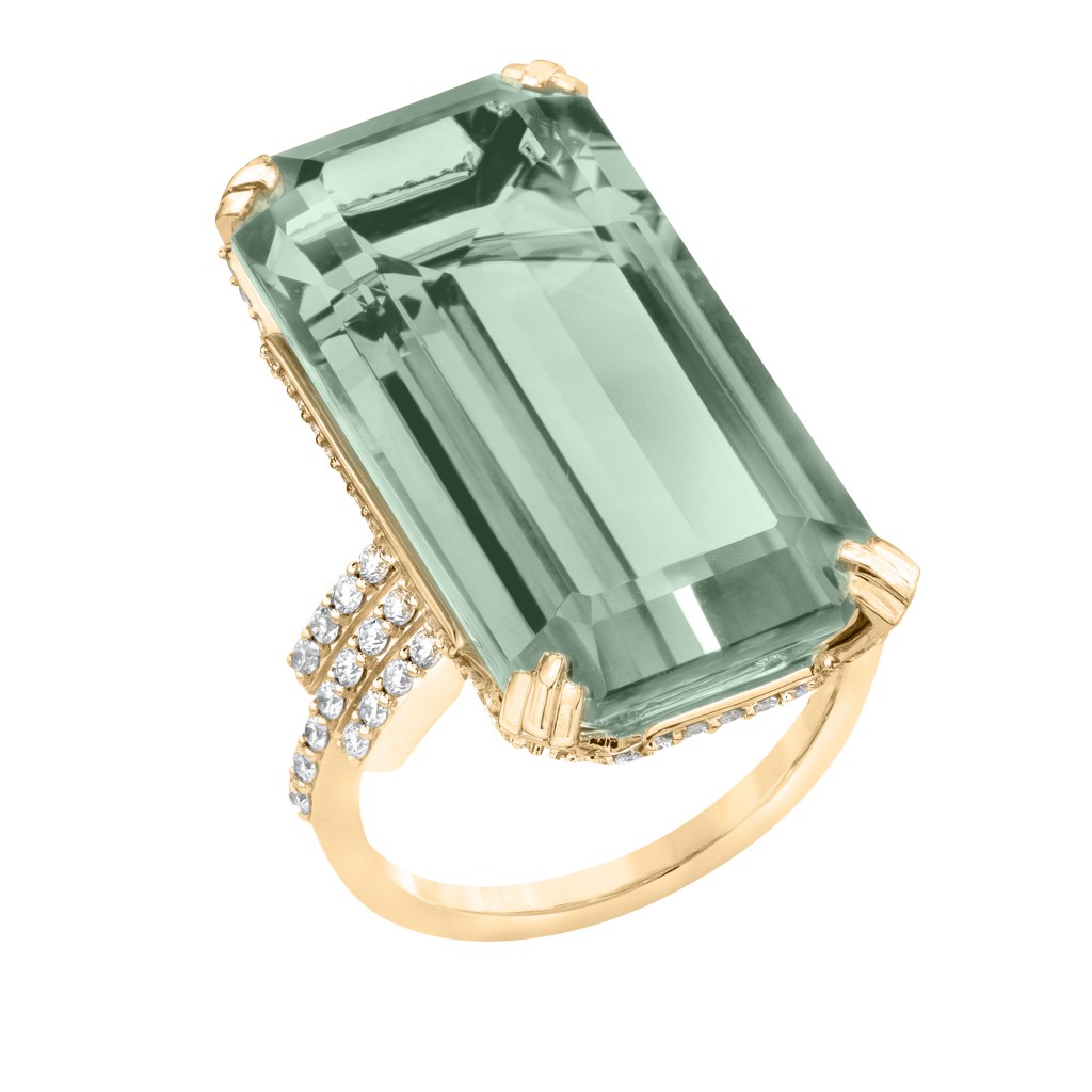 Empire elongated ring with prasiolite and diamonds.