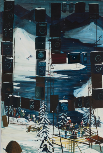 Jules de Balincourt's "US as in You Me and Them," 2010, evokes a noirish, Alpine scene.  