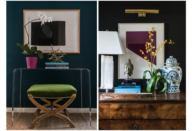 Left: table from CB2, gold sculpture from Global Views, antique gold gilt bench from Round Top covered in Kravet velvet, artwork: Richard Serra through John Szoke Editions. Right: chest - 19th C. Empire commode purchased in Round Top, Selenite lamp through Jan Showers and artwork by Ellsworth Kelly through Gemini Gel. Art light from Circa Lighting and wallcolor paint: Sherwin Williams Tricorn Black.
