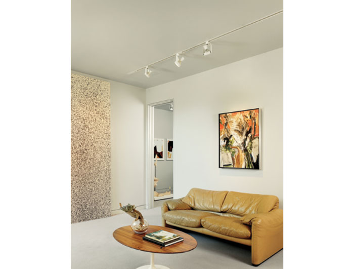 The room features artwork from Lucien Smith Rain, Elizabeth Neel, Walead Beshty and Erik Frydenborg. 