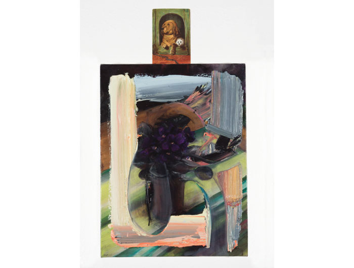 A postcard circa 1910, which the artist calls a "hat" is paired with a canvas; the result is: "Violet Yower," 2015.  