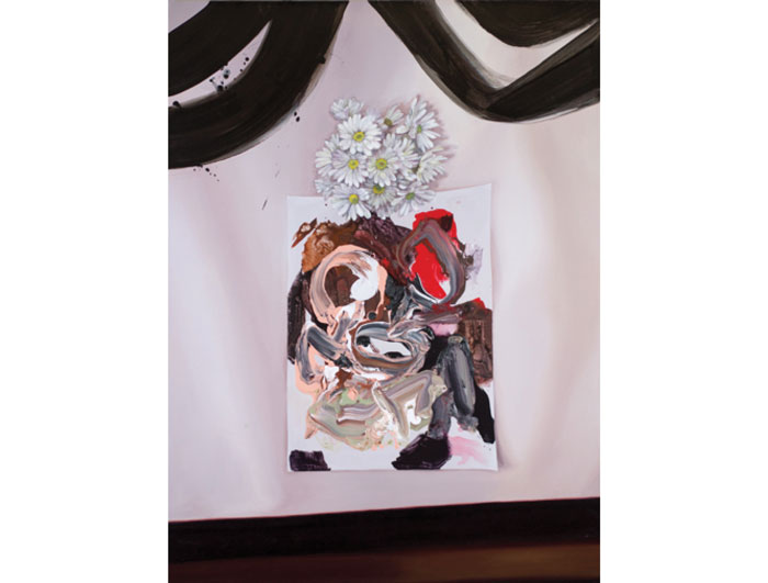 "Daisy Jammer," 2015, has a palette that subtly alludes to the hues of a ball gown in a John Singer Sargent canvas.  
