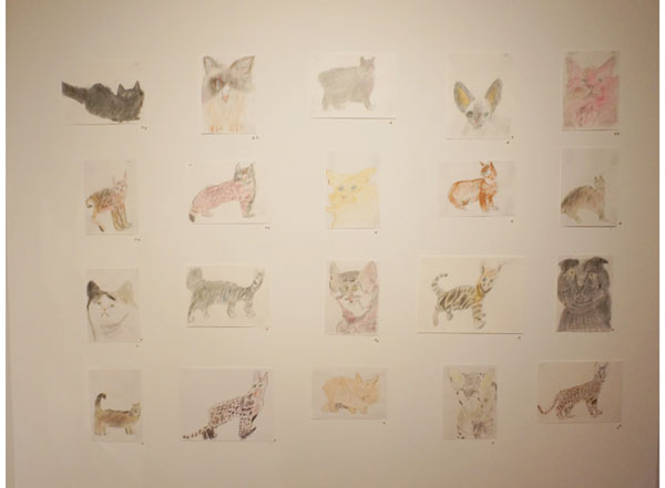 A wall of cat creations, G Gallery, "Beyond Graphite," during Art Houston, Summer 2014. 