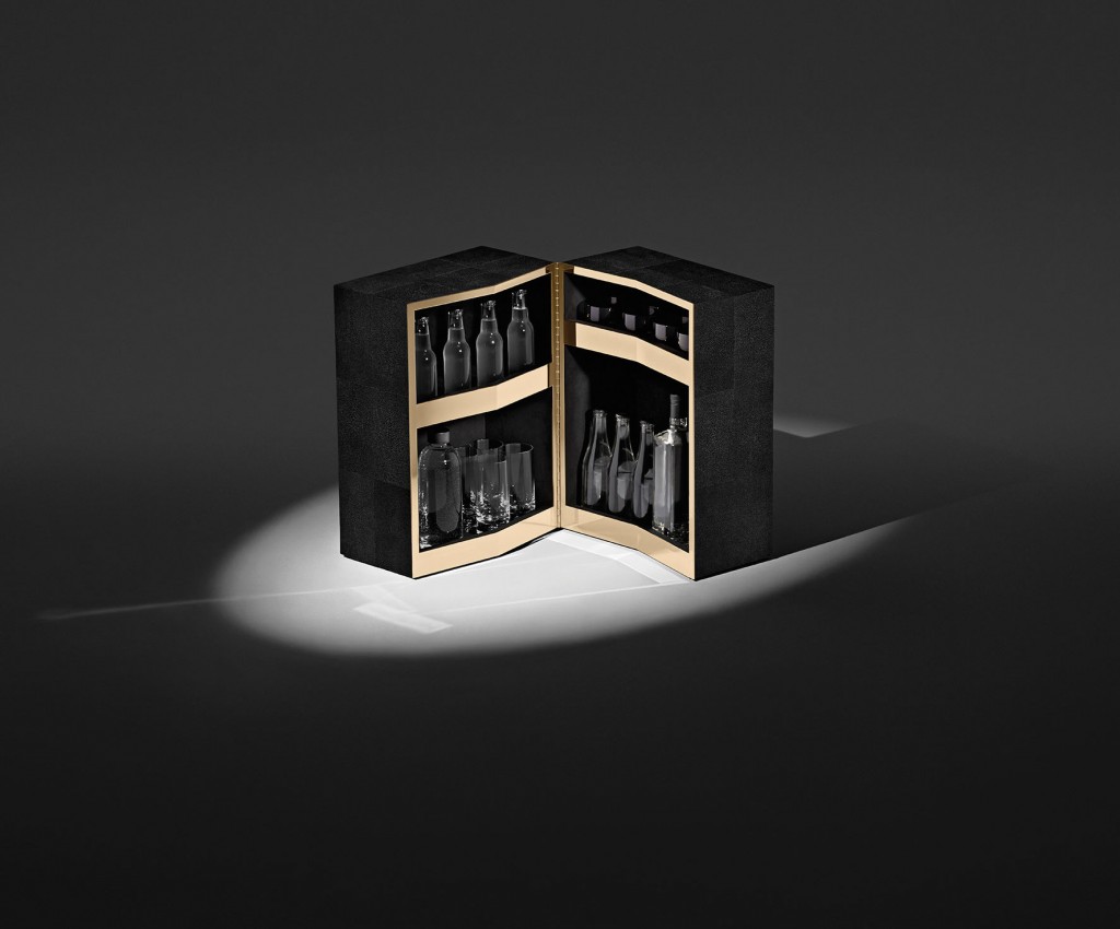 Alexander Wang shagreen rolling bar with brass shelving