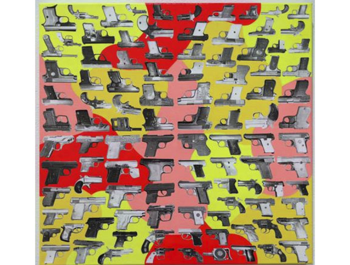 Christopher Cascio's "Saturday Night Specials," 2014, proffers a Pop, albeit sightly disturbing, take on gun culture. Up now at Devin Borden Gallery.