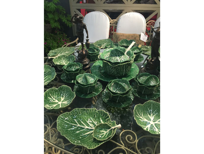 Portuguese lettuce ware, set of six vintage leaf plates $180, cabbage tureen with eight lidded bowls $780, at Atelier Fifteen-O-Five (Houston). 