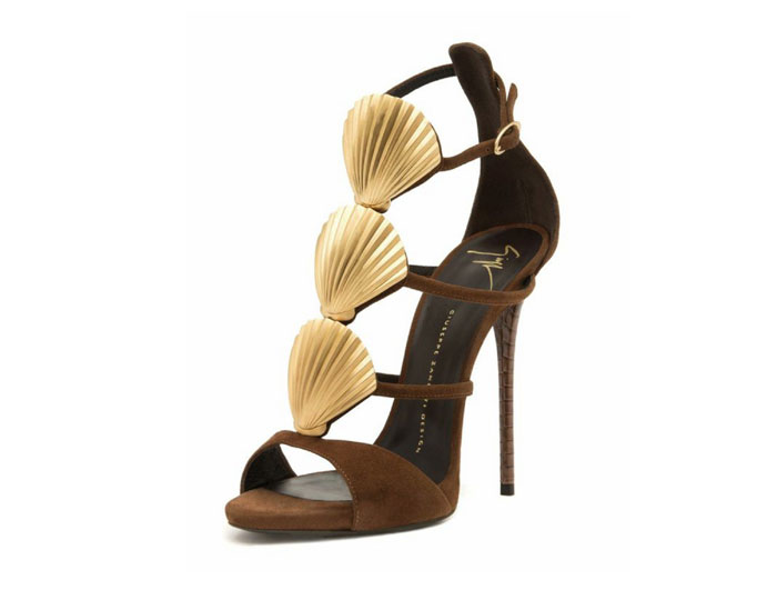 Chestnut suede sandal with gold metal shell embellishments