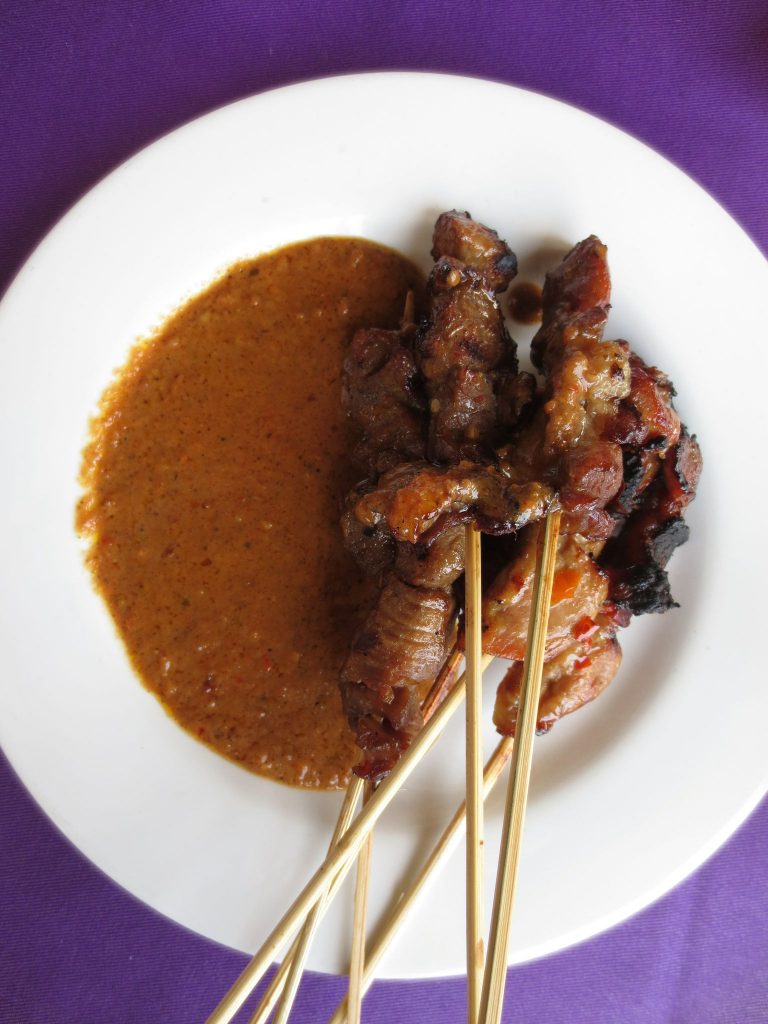Beef skewers overlooking Mount Batur. 
