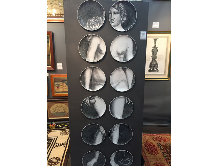 Twelve-piece set of Fornasetti Eve, 1954, $6,000, at Earle D. Vandekar of Knightsbridge (White Plains, NY).