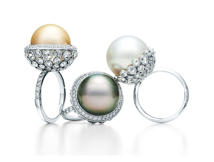 Rings with South Sea white, golden and Tahitian cultured pearls with rose-cut diamonds