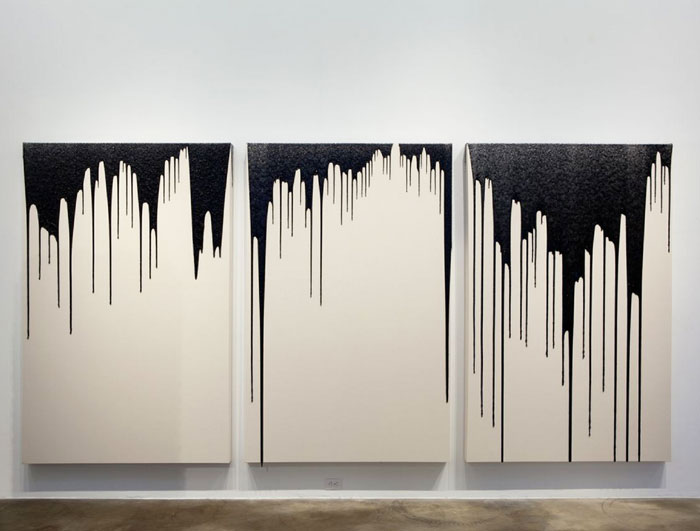 Chivas Clem's recent glitter-and-resin encrusted triptych: "A Swill Pail Brimming with Abominations I, II and III." 