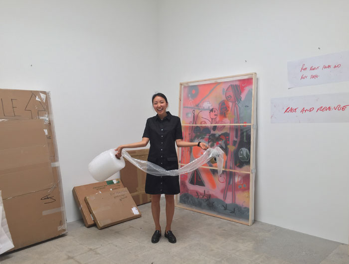 Dallas native/now L.A. gallerist Esther Kim Varet of Various Small Fires shown packing for the Fair. Watch this blog Tuesday, April 21, for Kim Varet's report from Dallas. 
