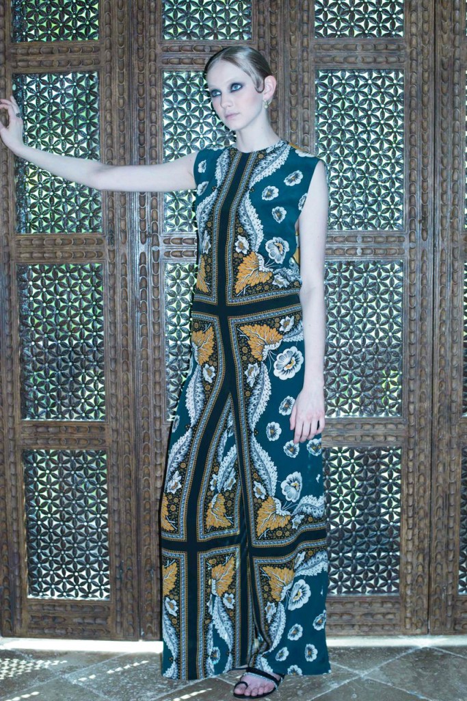 Valentino foulard crepe de chine patchwork jumpsuit, Halleh Sphaera earrings, Ileana Makri double cat-eye ring, Gianvito Rossi sandal