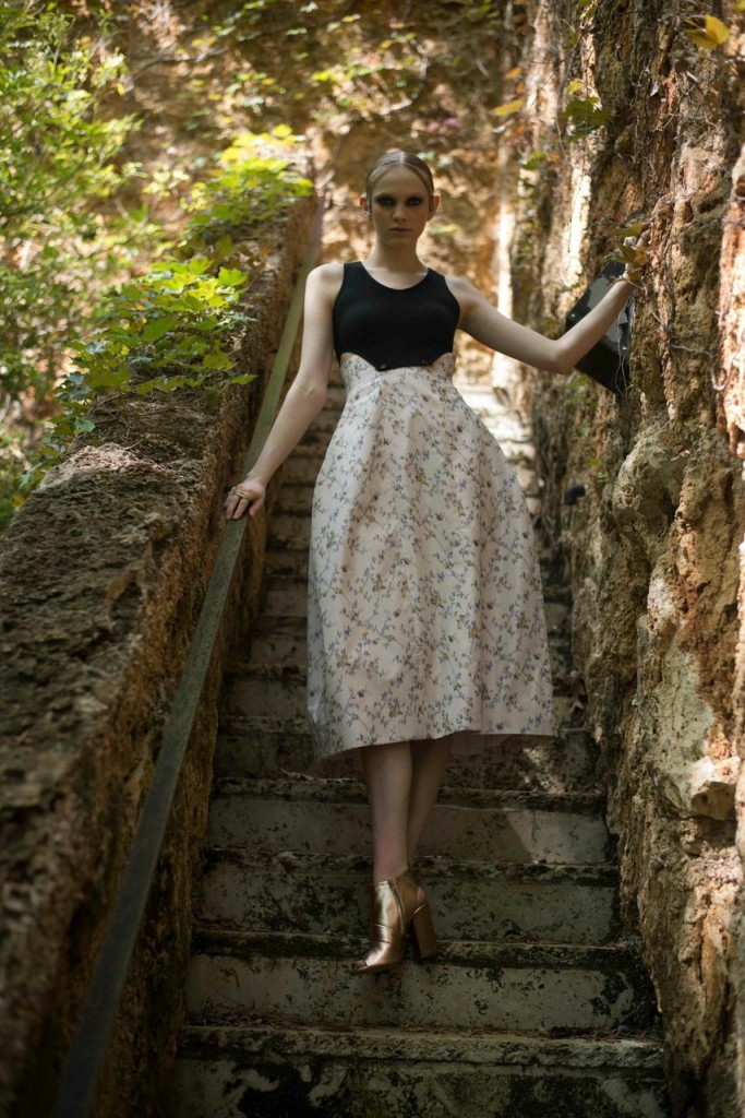 Christian Dior printed silk faille dress, Stephen Webster thorn earrings, Maison Margiela chunky heel sandal